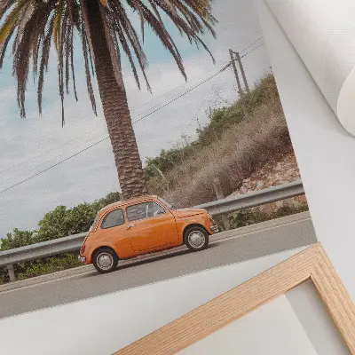 Plakat z teksturą płótna przedstawiający palmę i samochód w stylu retro w otoczeniu przyrody