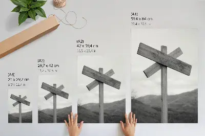 Nowoczesna grafika na płótnie drewniany znak na tle czarno-białego krajobrazu gór