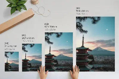 Plakat z teksturą płótna pagoda z widokiem na góry w odcieniach nieba