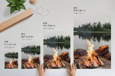 Plakat z teksturą płótna Ognisko jezioro las kamienie rekreacja natura