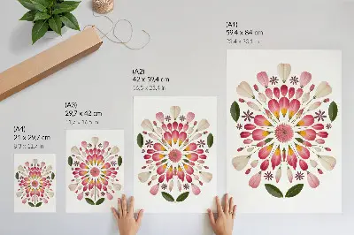 Plakat z teksturą płótna kwiatowa mandala z symetrycznym wzorem w odcieniach różu, kremu i zieleni