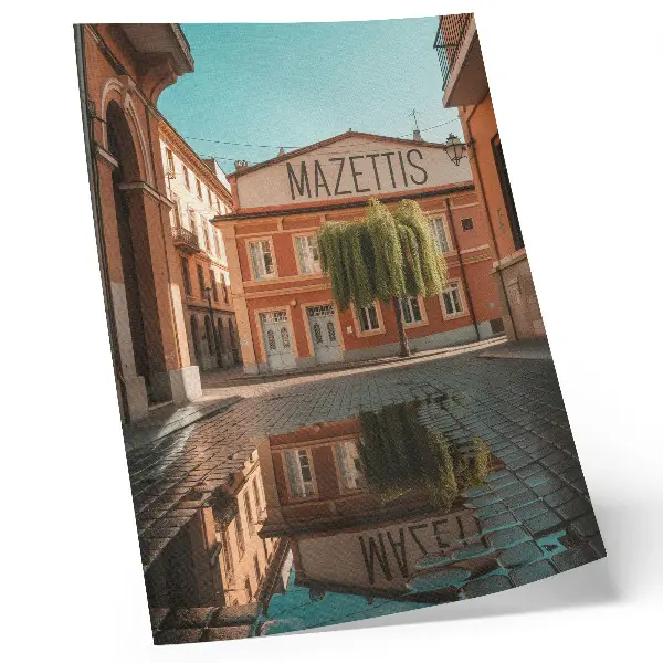 Plakat ścienny ciepłe kolory miejskiej architektury z odbiciem