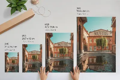 Plakat ścienny ciepłe kolory miejskiej architektury z odbiciem