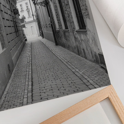 Plakat z teksturą płótna Czarno-biała architektura nostalgicznej uliczki
