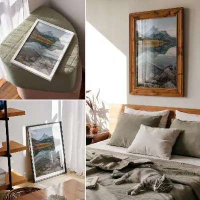 Plakat ścienny góry z jeziorem drzewami i odbiciem w spokojnej naturze