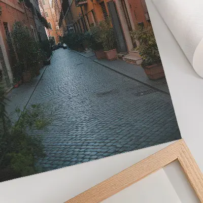 Plakat ścienny urocza uliczka z donicami na rośliny w ciepłych barwach
