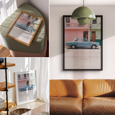 Plakat na płótnie Klasyczne auto pastelowe budynki retro urok