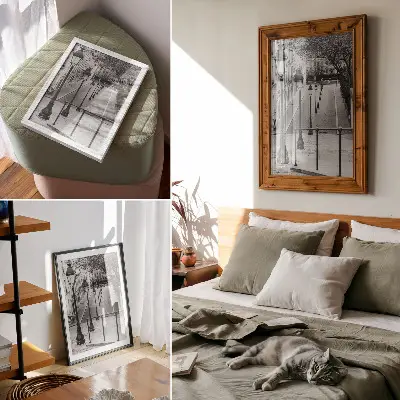Nowoczesna grafika na płótnie przedstawiająca urokliwe latarnie i piękną architekturę ulicy