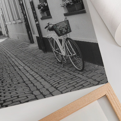Plakat na płótnie Uliczka kamienice kwiaty rower czarno-białe