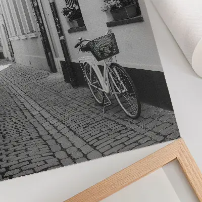 Plakat na płótnie uliczka z kamienicami, kwiatami i rowerem w czerni i bieli
