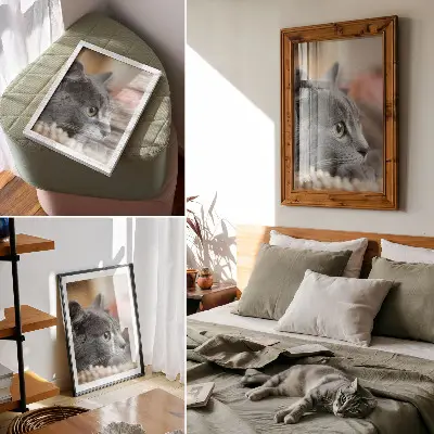 Plakat ścienny szary kot z zielonymi oczami w zbliżeniu