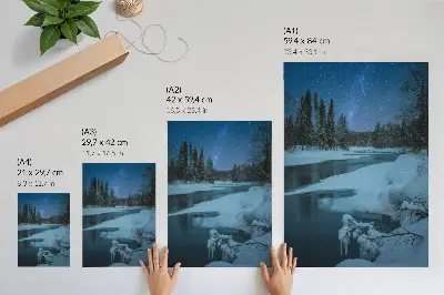Nowoczesna grafika na płótnie zimowy krajobraz z rzeką, drzewami i gwiazdami