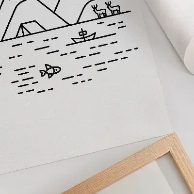 Plakat ścienny minimalistyczna grafika przedstawiająca góry jezioro i zwierzęta