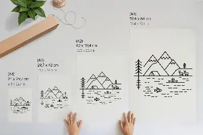 Plakat ścienny minimalistyczna grafika przedstawiająca góry jezioro i zwierzęta