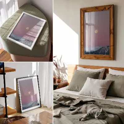 Plakat z teksturą płótna góry z księżycem na tle pastelowego nieba o zmierzchu
