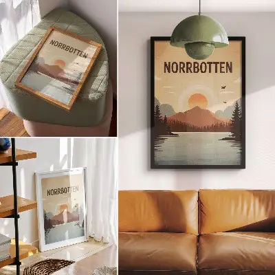Nowoczesna grafika na płótnie krajobraz z jeziorem, górami, zachodem słońca oraz drzewami w odcieniach turkusu i beżu