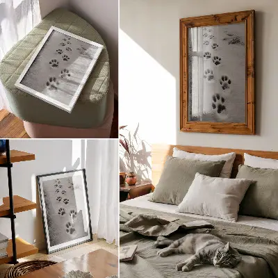 Nowoczesna grafika na płótnie ślady łap na białym śniegu z nutą tajemnicy
