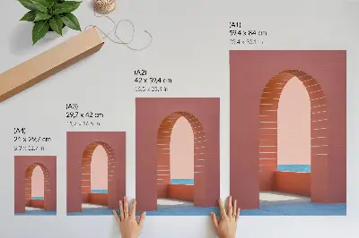 Plakat ścienny pastelowe łuki przedstawiające minimalistyczną architekturę nad morzem