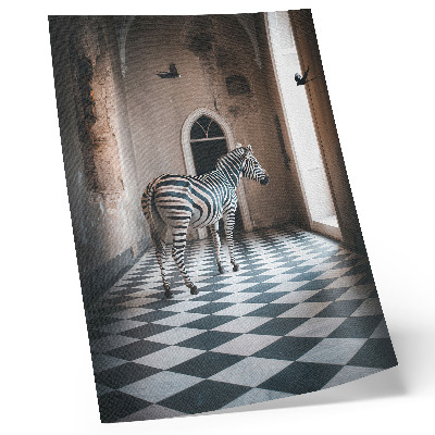 Plakat na płótnie Zebra na tle architektury z ptakami w locie