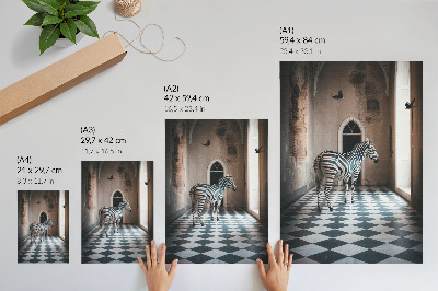 Plakat na płótnie Zebra na tle architektury z ptakami w locie