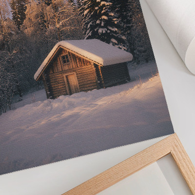 Plakat z teksturą płótna Zimowy las chata drewniana spokój harmonia natura