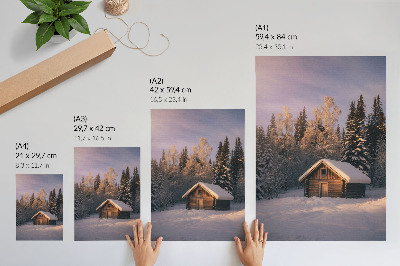 Plakat z teksturą płótna Zimowy las chata drewniana spokój harmonia natura
