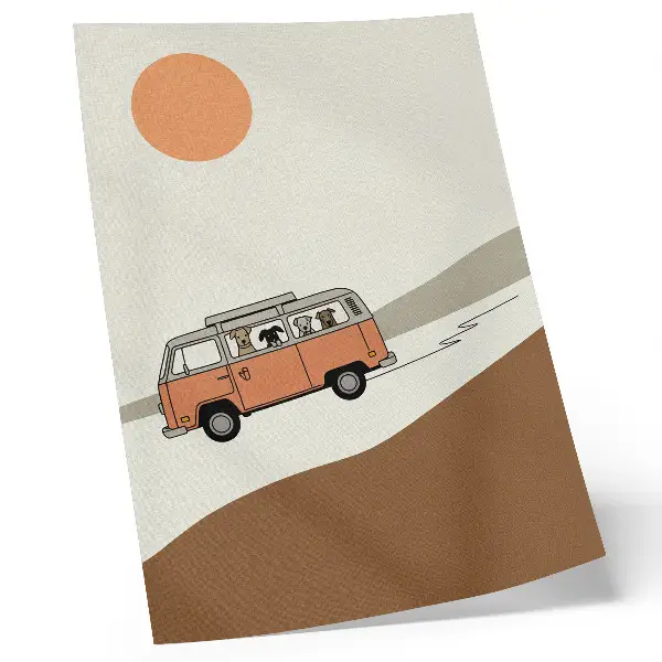 Plakat ścienny pomarańczowy camper w stylu minimalistycznym na wakacje
