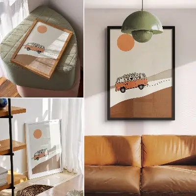 Plakat ścienny pomarańczowy camper w stylu minimalistycznym na wakacje