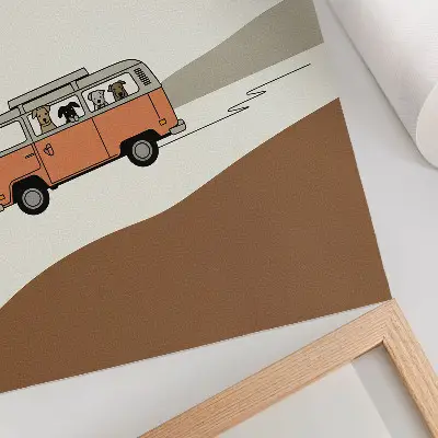 Plakat ścienny pomarańczowy camper w stylu minimalistycznym na wakacje