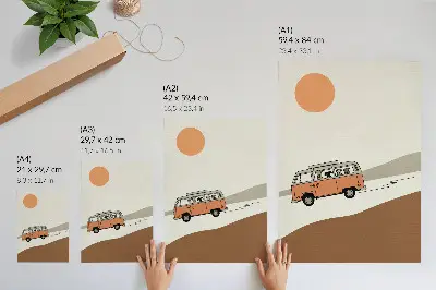Plakat ścienny pomarańczowy camper w stylu minimalistycznym na wakacje