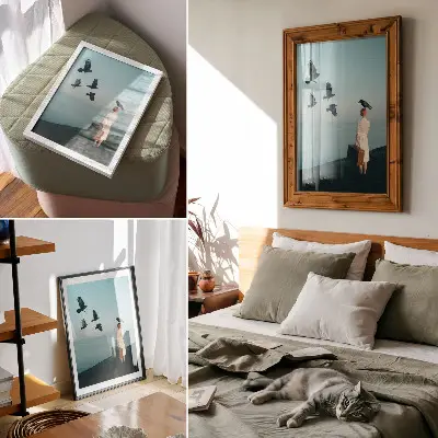 Plakat ścienny kobieta z walizką na tle nieba z ptakami w stylu surrealistycznym