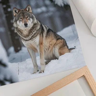 Plakat z teksturą płótna wilk w zimowym lesie przedstawiający naturę, ciszę i elegancję