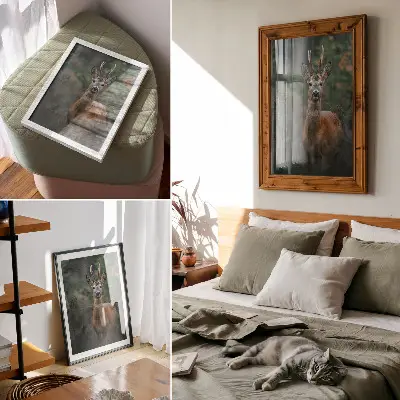 Plakat z teksturą płótna jeleń w lesie na zielonym tle symbolizujący spokój i naturę