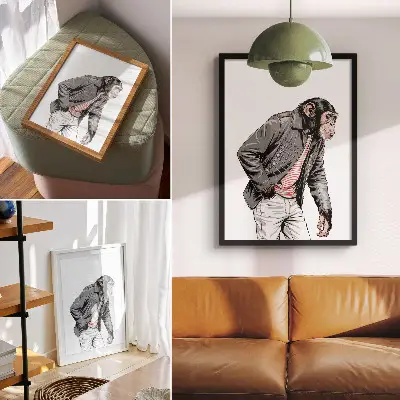 Plakat ścienny przedstawiający stylowego szympansa w kurtce w kontrastowej grafice