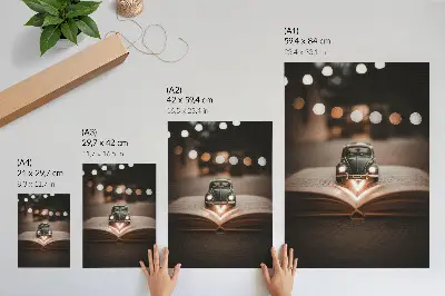 Plakat ścienny miniaturowy samochód na książce z magicznymi światłami