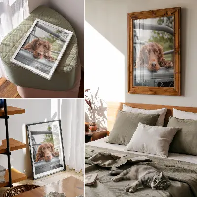 Nowoczesna grafika na płótnie brązowy pies przy pojeździe i zielone drzewa
