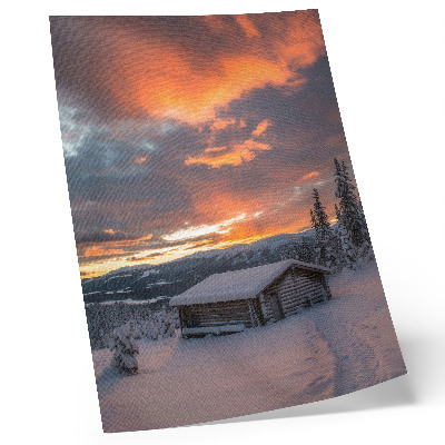 Plakat ścienny Zimowe schronisko pomarańczowe niebo natura