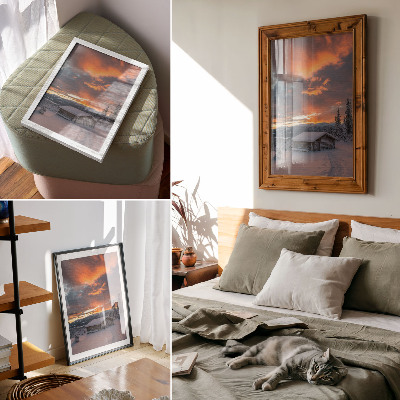 Plakat ścienny Zimowe schronisko pomarańczowe niebo natura