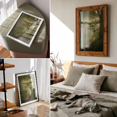 Plakat ścienny zielone liście oraz leśna ścieżka w snopie światła
