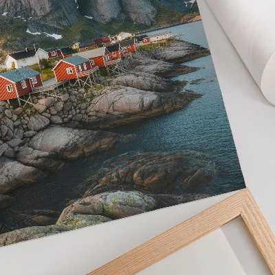 Plakat ścienny Czerwone domki fiord góry zachód słońca