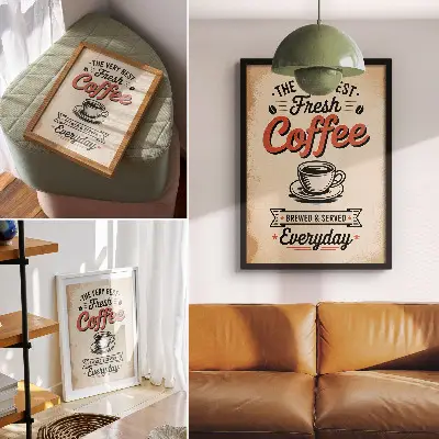 Plakat ścienny z motywem filiżanki w stylu retro wprowadzający kawiarnianą atmosferę