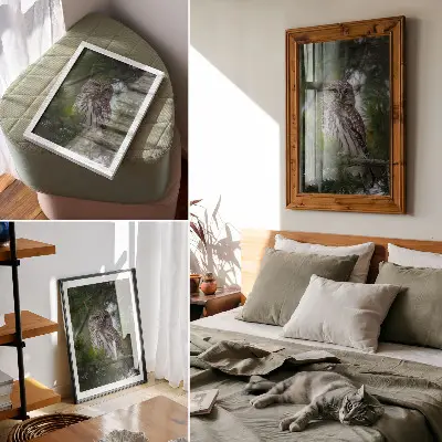 Plakat z teksturą płótna sowa na gałęzi sosny symbolizująca naturę spokój i harmonię