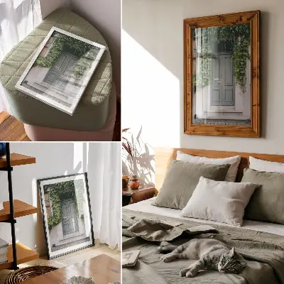 Plakat z teksturą płótna zielone pnącza na tle szarych drzwi w kompozycji harmonijnej