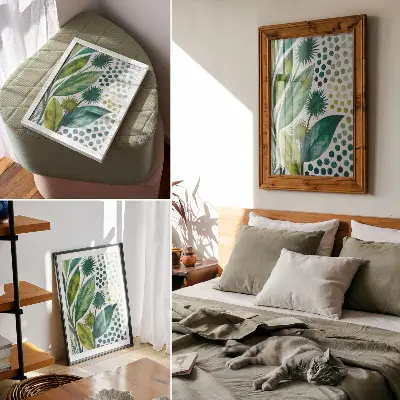 Nowoczesna grafika na płótnie z motywem zielonej natury w stylu boho z liśćmi i kropkami