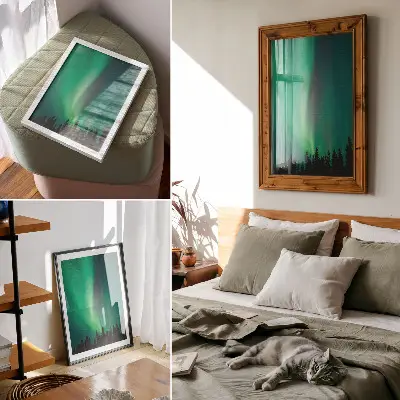 Plakat z teksturą płótna zorza polarna z zielonymi drzewami w magiczną noc