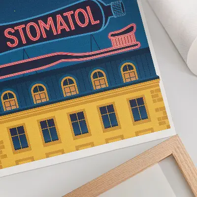 Plakat z teksturą płótna neonowy napis prezentujący nowoczesne budownictwo w świetle nocnym
