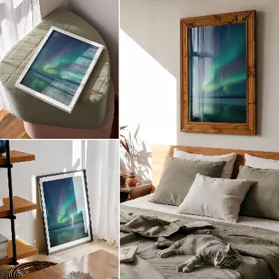 Plakat ścienny z motywem zorzy polarnej w nocnej scenerii przyrody