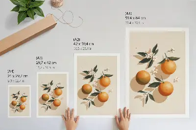 Plakat ścienny z motywem soczystych pomarańczy, zielonych liści i białych kwiatów
