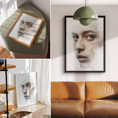 Plakat na płótnie z motywem delikatnej twarzy w tajemniczej atmosferze i subtelnej grze świateł