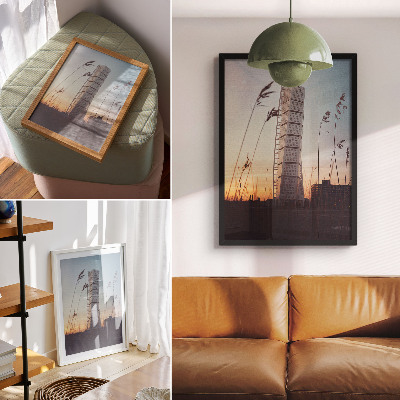 Plakat z teksturą płótna Wieżowiec w zachodzącym słońcu nowoczesna architektura